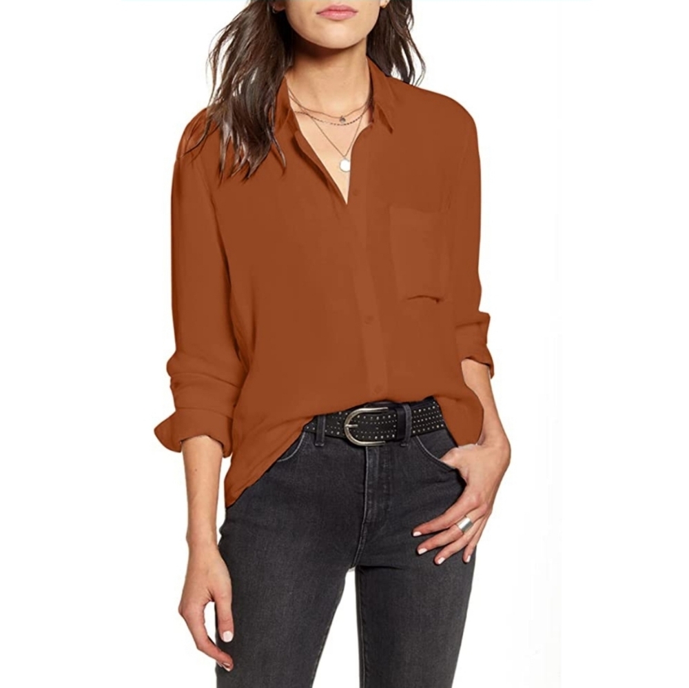 Burnt pumpkin orange chiffon women's button up dress shirt XL